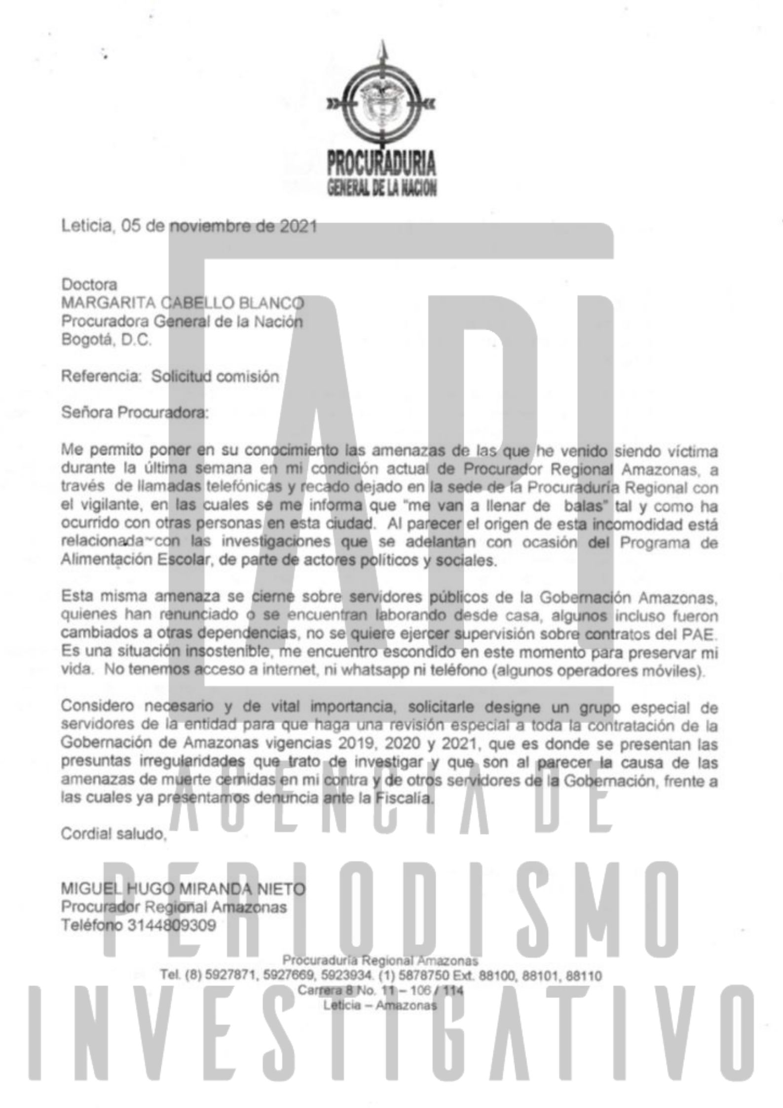 Cinco días antes de ser declarado insubsistente, procurador de Amazonas pidió cita a Procuradora Cabello e informó amenazas de muerte / Foto: Suministrada