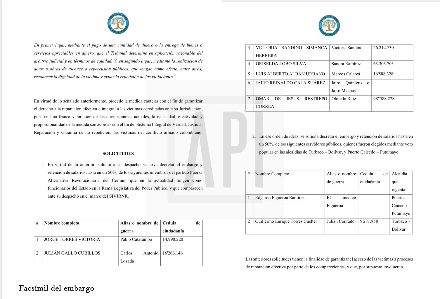 FACISMIL DE LAS DOS PAGINAS DEL EMBARGO CON MARCA DE AGUA