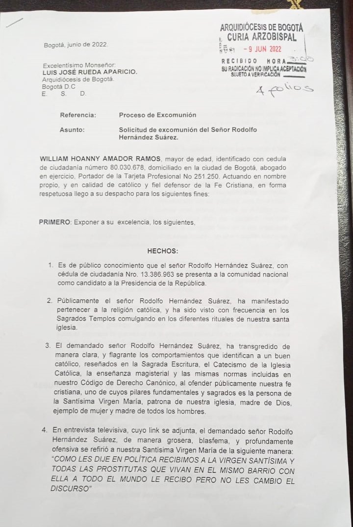 Solicitud presentada para la excomunión de Rodolfo Hernández de la iglesia católica / Redes sociales 