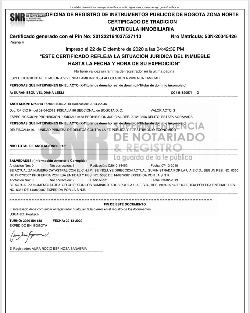 FACSIMIL DEL CERTIFICADO DE TRADICION Y LIBERTAD EN LA PAGINA 4