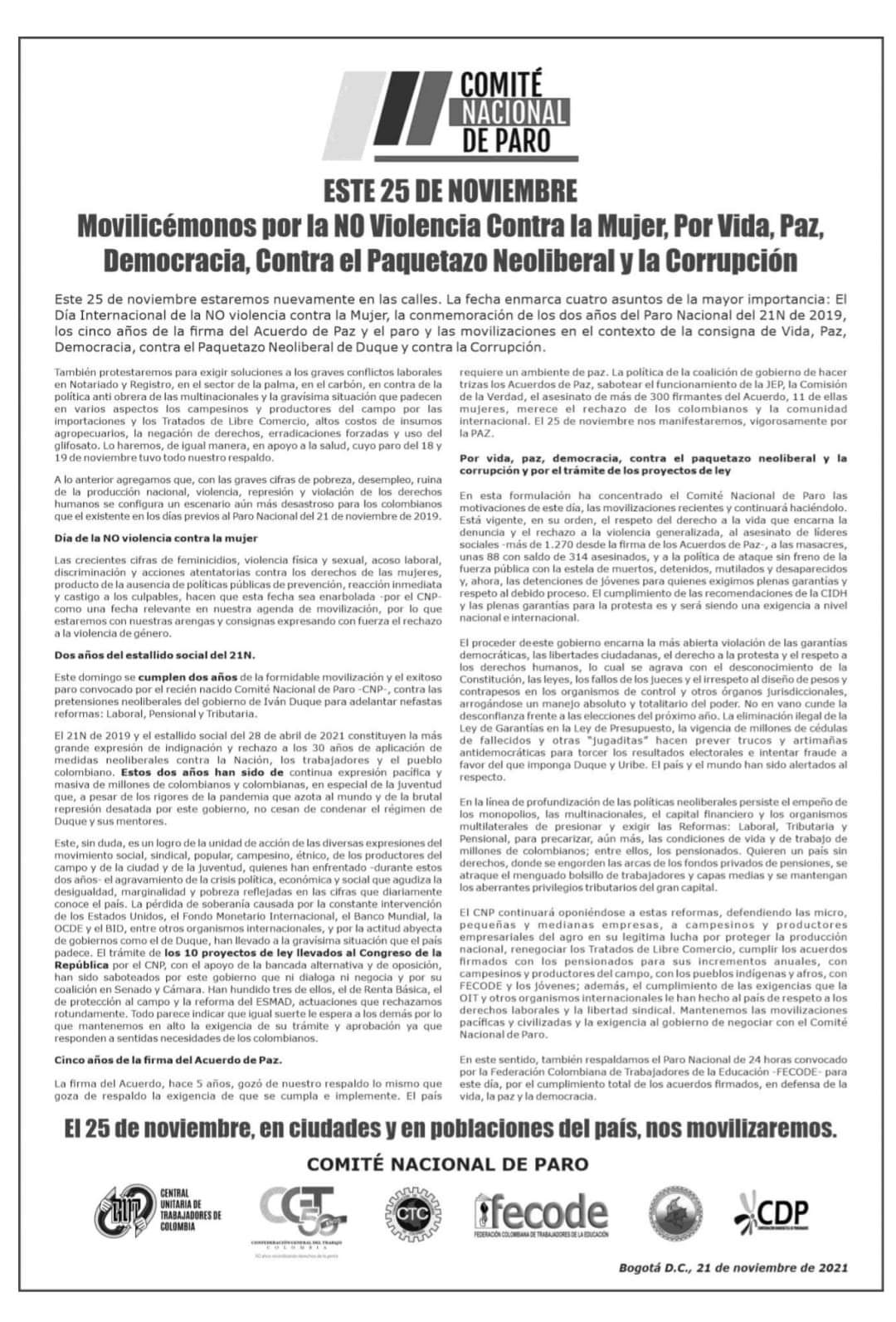 Convocan paro nacional para este 25 de noviembre